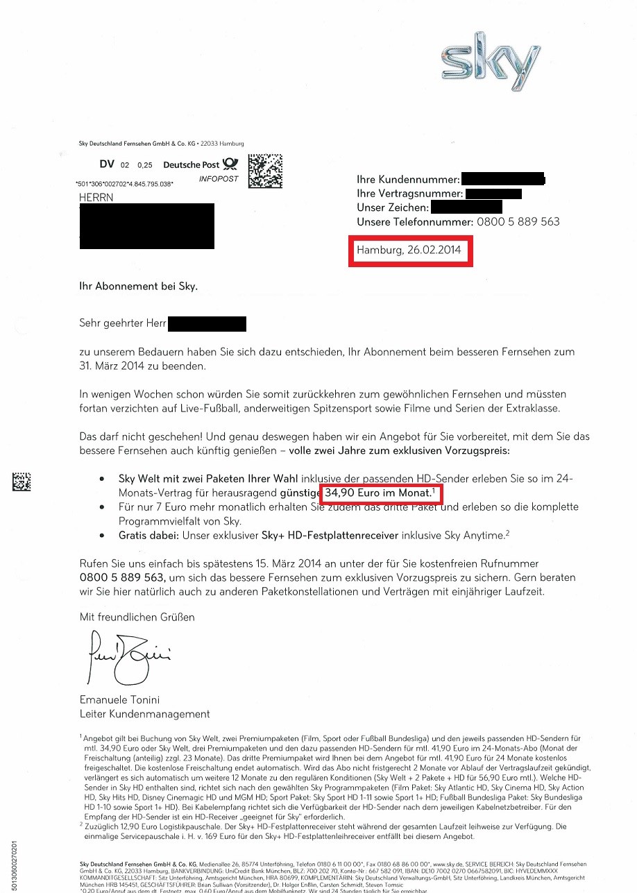 Sky Rückholangebote für Bestandskunden November 2018