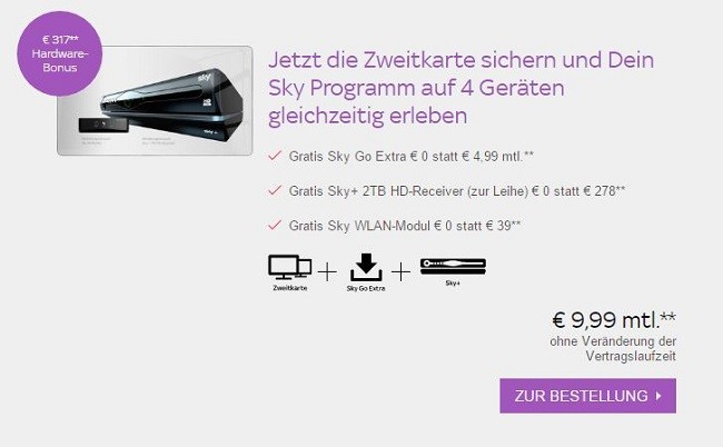 Sky Zweitkarten Angebot mit gratis Sky Pro  Receiver für 9,99